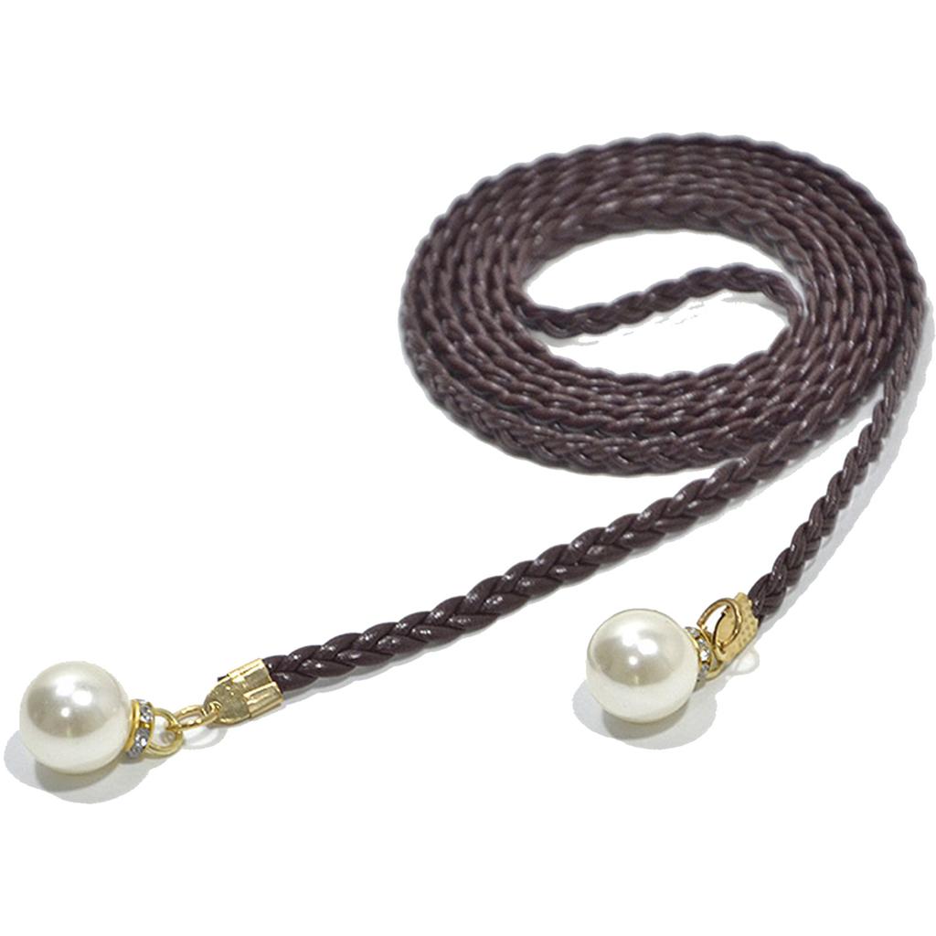 Women Belt Casual Pearl Buckle Decor Woven Thin Waist Rope with Dress 140cm Fashion Accessories for Ladies