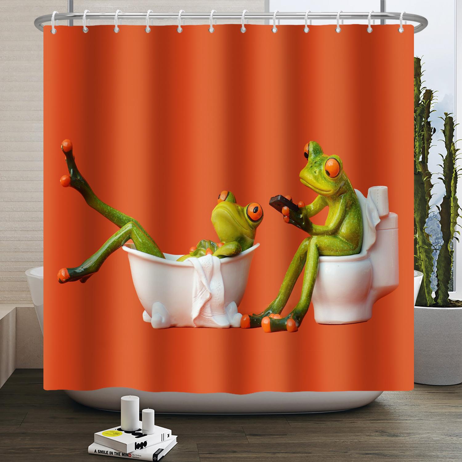 Funny Frog Shower Curtain for Bathroom Mushroom Butterfly Floral Green Plant Cartoon Animal Waterproof Polyester Shower Curtain W90xH180cm