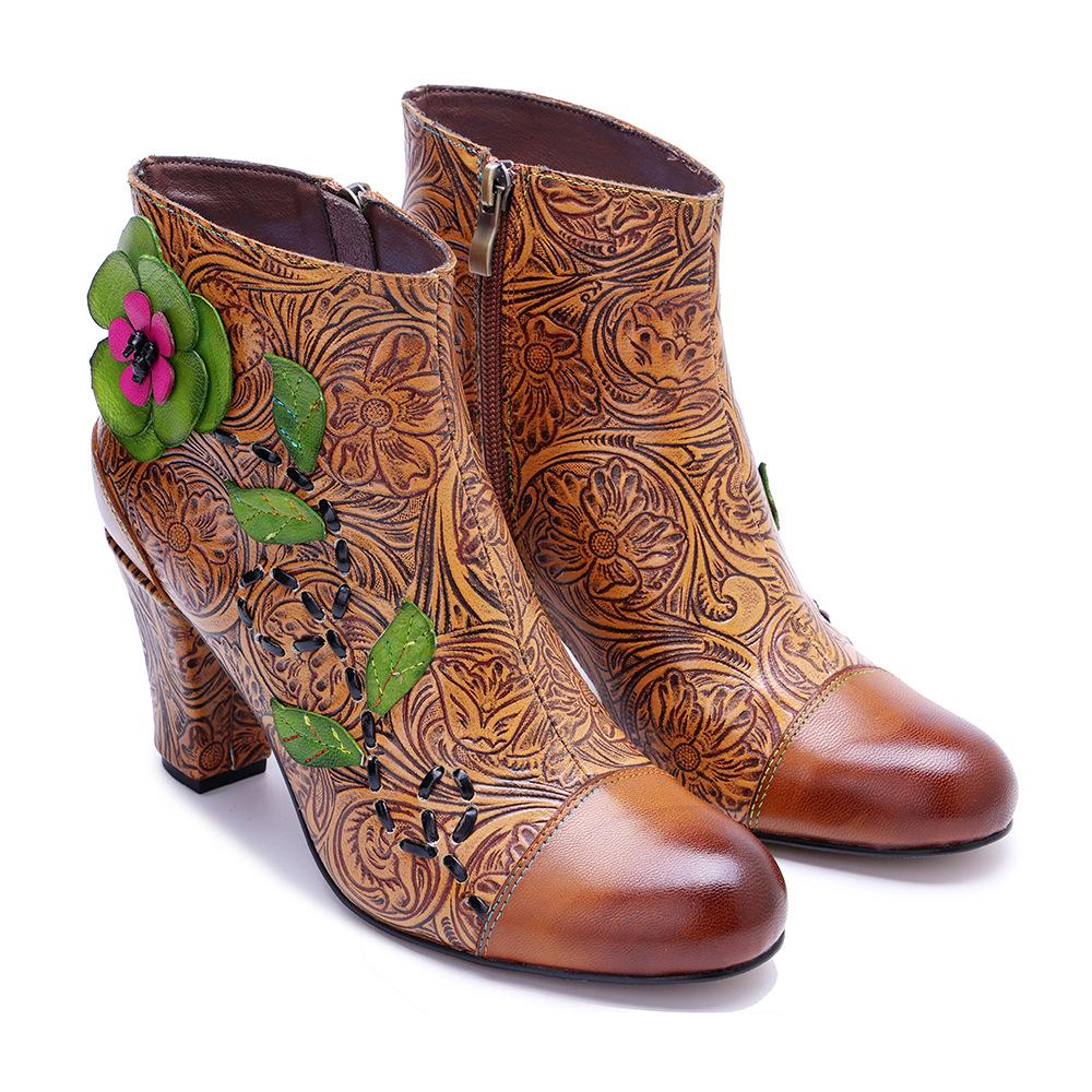 Johnature Genuine Leather Printed High-heeled Short Boots Vintage Flower Thick Heel Side Zipper Women's Boots
