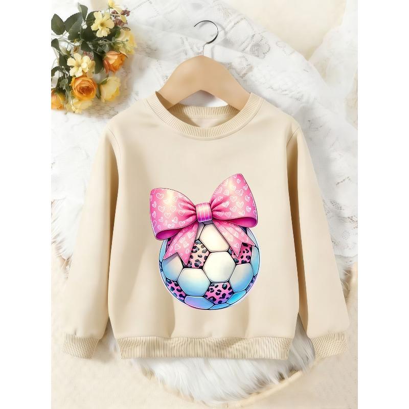 Unisex Kids Crewneck Sweatshirt, Pink Heart Bow Leopard Soccer Ball Print Pullover, Boys Girls Sports Casual Sweatshirt For Kids Over 4 Years Old