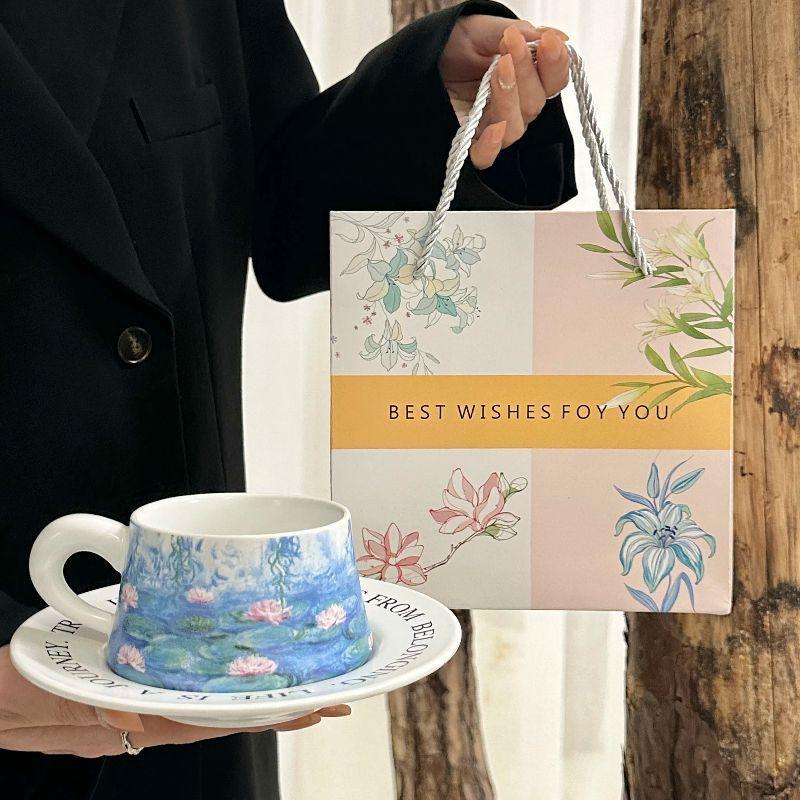 Tazza da Caffè e Sottotazza Set Gigli d'Acqua Pittura Famosa Monet Tazza da Latte Latte per Tè Pomeridiano Tazza in Ceramica Retro