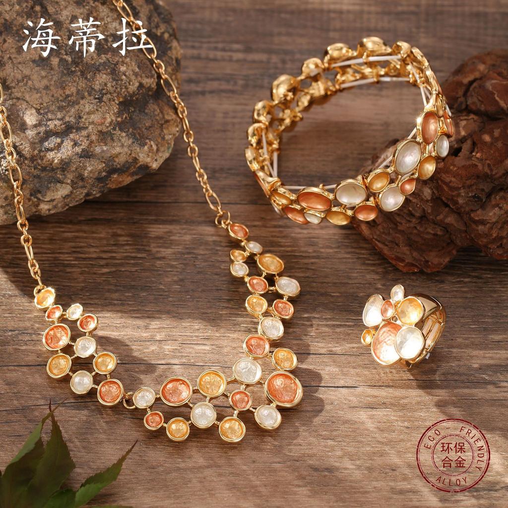 Color painting oil round geometric petal ring bracelet necklace set, ladies banquet high sense