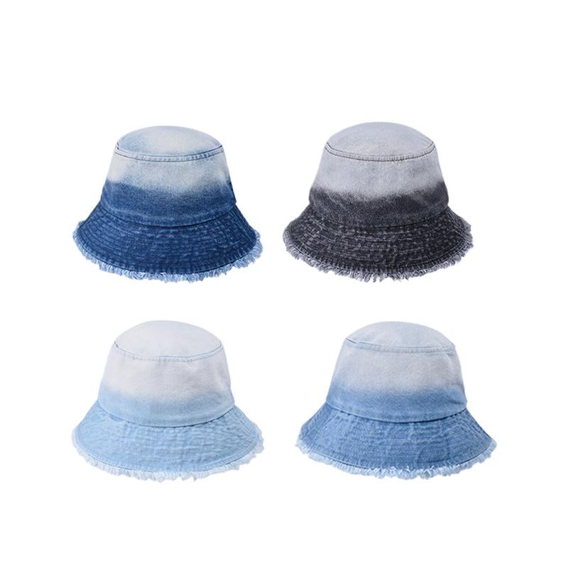 Women'S Ombre Denim Bucket Hat Fashion Style Distressed Raw Edge Fisherman Hat For Women Slimming Wide Brim Summer Cap