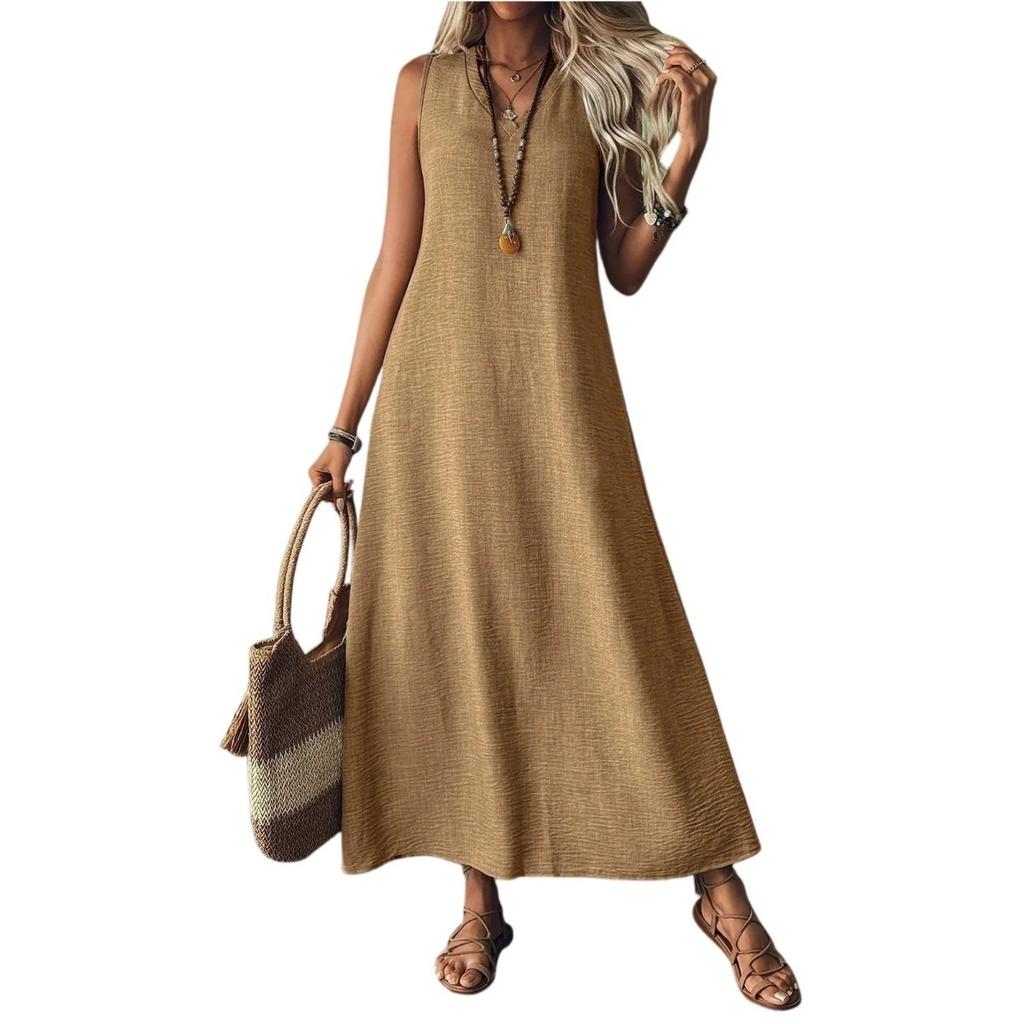 Summer Elegant Sleeveless V-neck Back Zipper Long Maxi Dress for Women European American Style Cross-border Apparel
