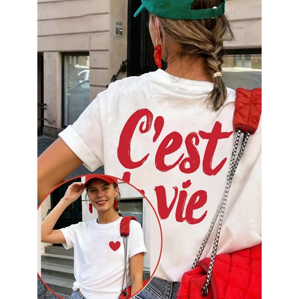 C'est La Vie Heart Graphic T-Shirt, Women's T-shirt with Retro French Letter Print Front & Back , Spring Summer Daily Wear