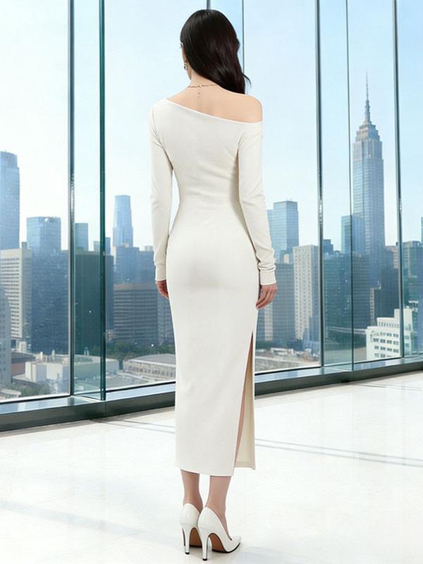 Stylish White Off-the-Shoulder Dress: Elegant, Long-Sleeved, Cinched-Waist, Perfect for Autumn/Winter, Formal Cross-Border Daily Wear