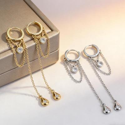 European & American Water Drop Tassel Earrings with Inlaid Zirconium - Korean Style, Trendy and Simple Design for Women