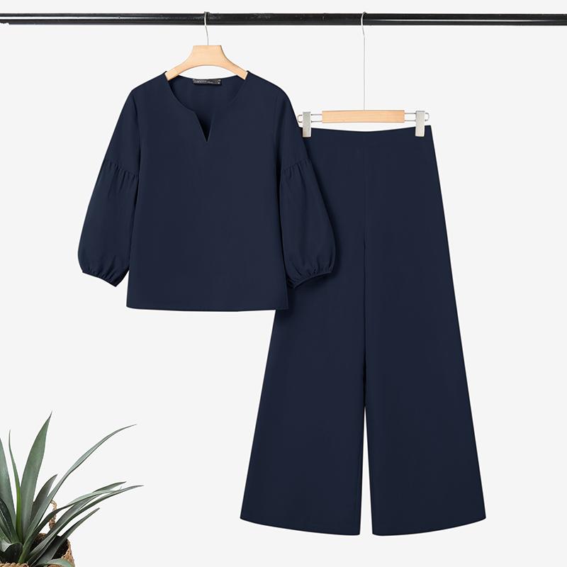 

ZANZEA Женские повседневные комплекты из блузки и брюк с рукавом 3/4 из двух предметов 5XL темно-синий