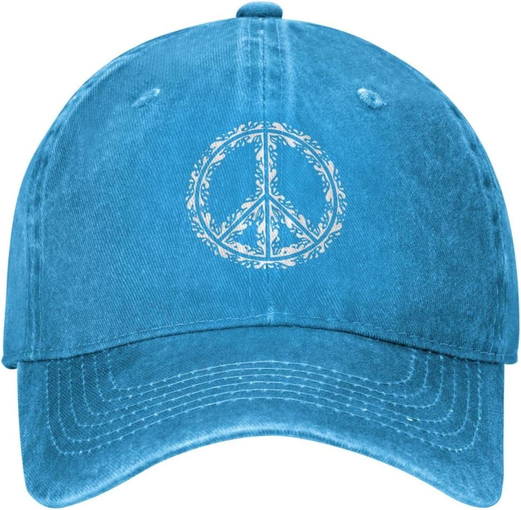 Peace Symbol Distressed Denim Baseball Cap Vintage Washed Adjustable Hippie Hat Casual Hat Unisex