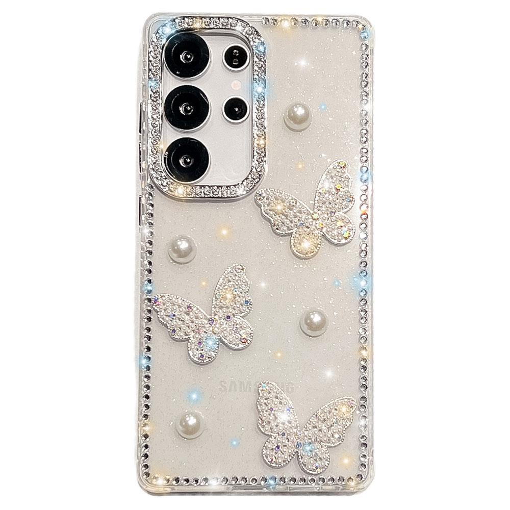 For Samsung Galaxy S25 Ultra Case Rhinestone Edge Pearl Butterfly Decor TPU+PC IMD Phone Cover
