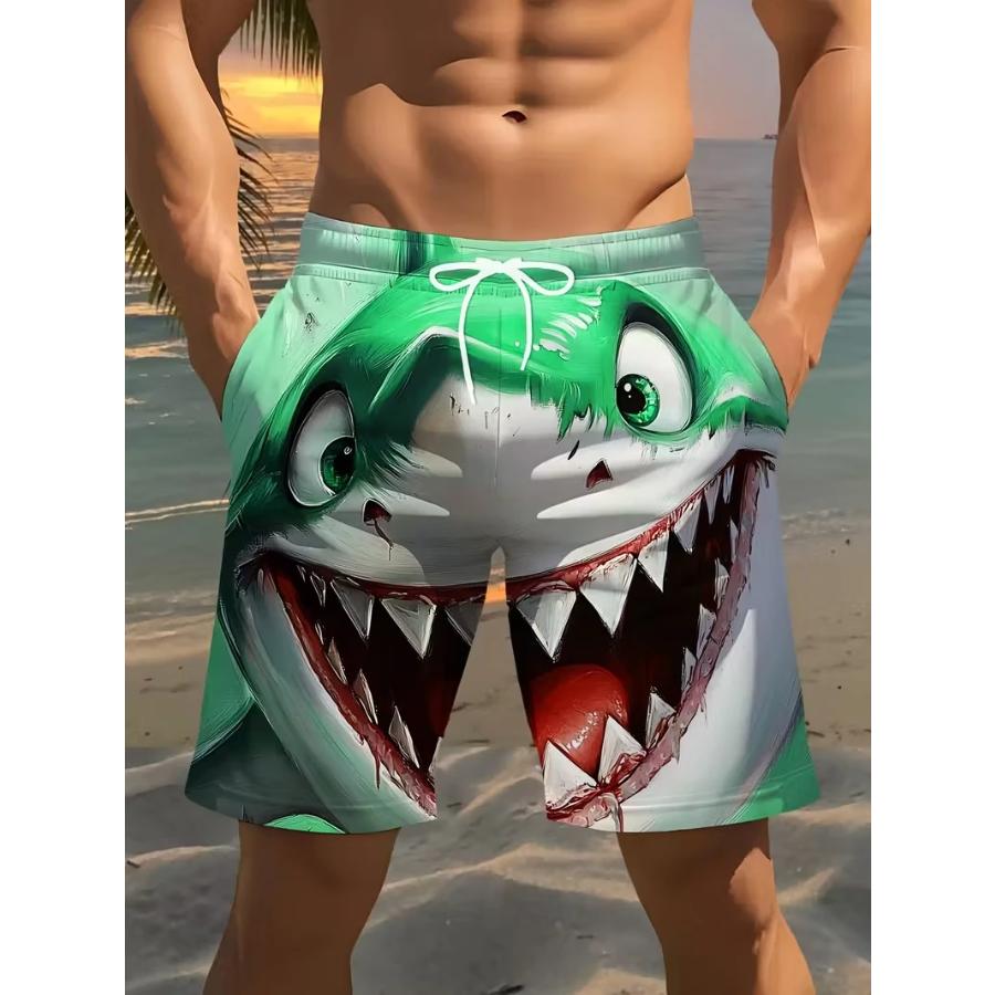 Trendy Cartoon 3D Shark Print Beach Trunks Quick Dry Drawstring Waist Oversized Casual Swim Shorts Hip Hop Street Summer Bottoms