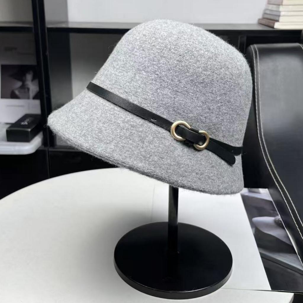 High quality shopping belt buckle wool hat women's autumn and winter Japanese top hat versatile basin hat bucket hat