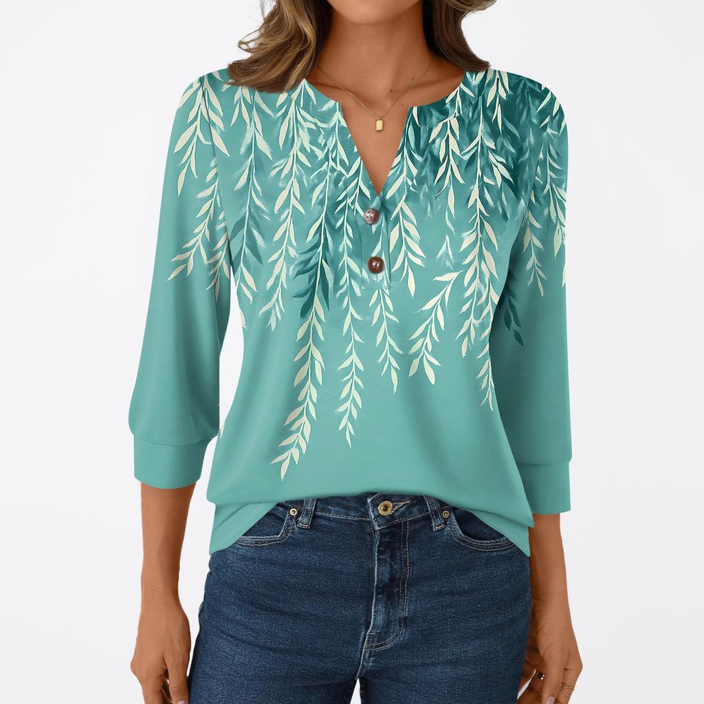 T-shirt Manches 3/4 Décontracté Mode Femme Imprimés Col V Boutonné