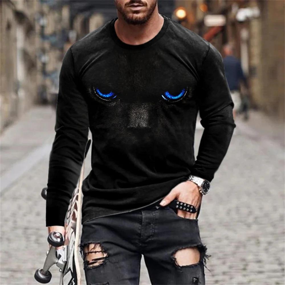 Fashionable New Animal Lion Print Men's O-neck Long Sleeved T-shirt Casual Oversized Pullover Round Neck Comfortable Top