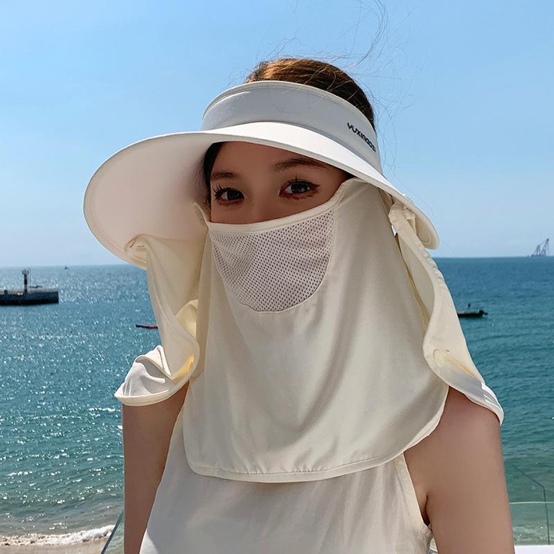 8547 Summer outdoor sunscreen visor removable shawl mask empty top hat big brim ponytail hat women