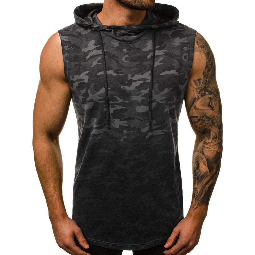 Herren-Trainings-Tanktop mit Kapuze, Bodybuilding, abgeschnittenes Muskel-T-Shirt, ärmellose Gym-Hoodies