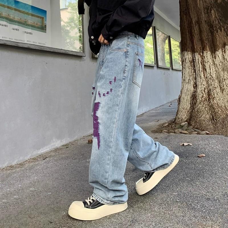 Mens Vintage Loose Straight Leg Jeans Ripped Streetwear Style Casual Denim Pants Teens