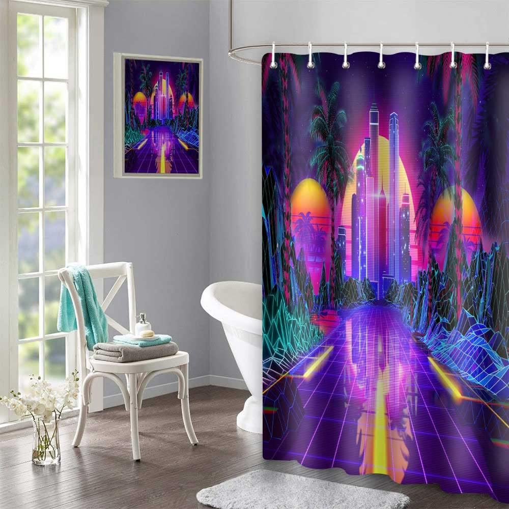 Punk Shower Curtain Retro 80 S Party Sci-Fi Neon Tropical Coconut Tree Colorful Abstract Bathroom Decoration Accessories Curtain