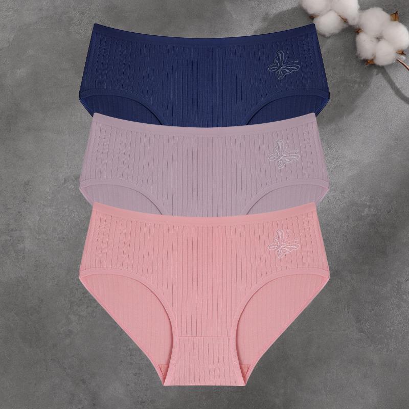 FINETOO 3Pcs/Set Women Cotton Ribbed Mid Rise Briefs Seamless High Quality Butterfly Embroidered Panties Ladies Soft Breathable Lingerie