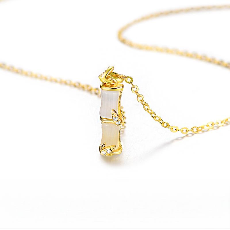 

Ожерелье из бамбука на удачу для женщин из меньшинства с чувством дизайна, минималистский темперамент, модная цепочка с замком из кошачьего глаза и камнями