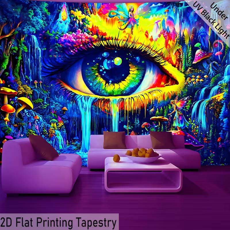 2D Trippy Eye Waterfall Tapestry Blacklight Fantasy Forest Backdrop Cloth for Bedroom