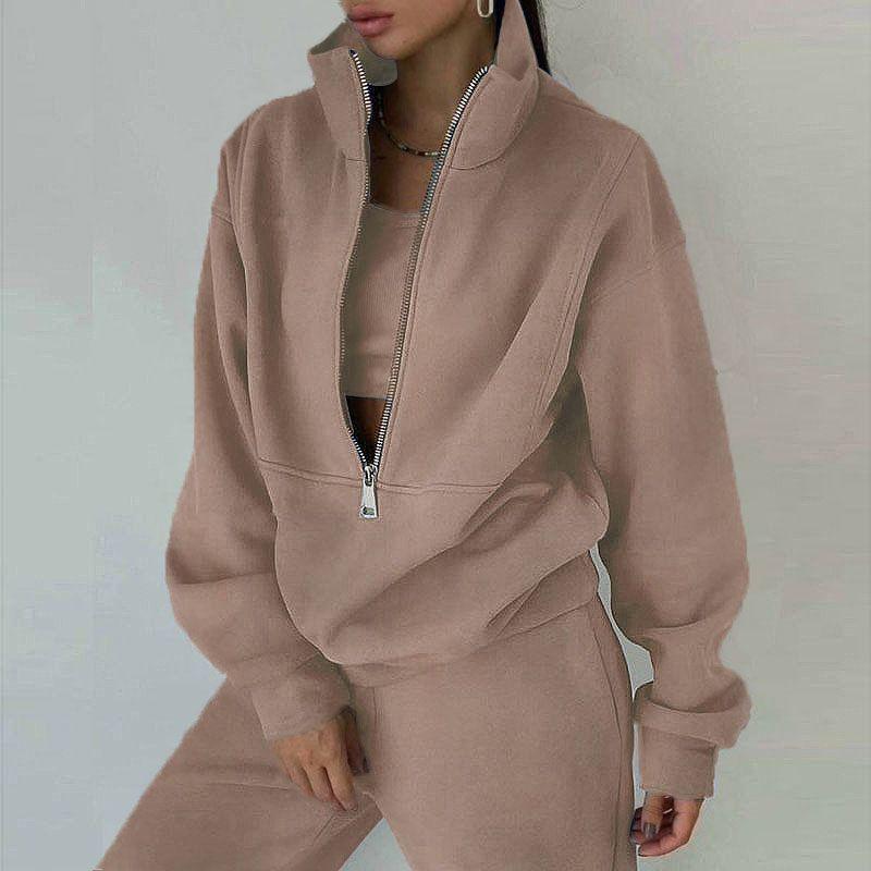 Fall and Winter New Arrival Fashion Stand Collar Zipper Fleece Loose Long Sleeve Sweatershirt Jogger Pants Pants Casual Sports Two-Piece Suit