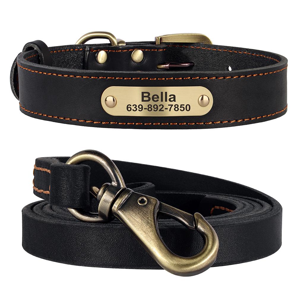 Real Leather Dog Collar Leash Set Personalized Pet Collar With Leash Free Engraving Nameplate For Small Medium Large Dogs