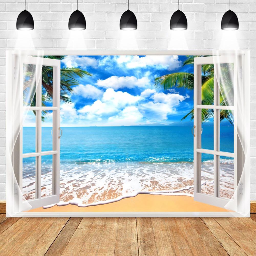 Summer Seaside Tropical Beach Balcony View Backdrop Palm Trees Mountain Wedding Party Portrait Photography Background Photo Prop