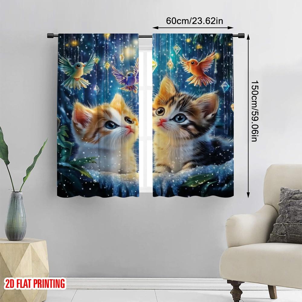 2pcs,2D Plane Printing Popular Curtains Enchanted Kittens Polyester Fabric (without Rod) Festive Perfect for Living Room,