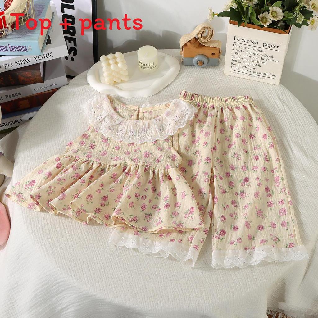 Girl Summer Sleeveless Outfit Set With Lace Trim For Ages 3 To 8