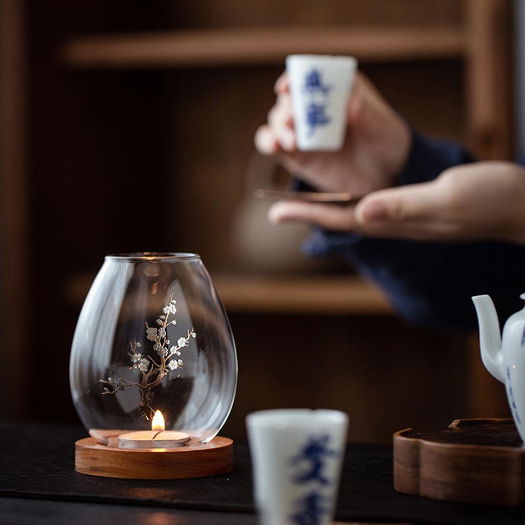 Candle Holder Clear Glass Cover with Wood Base Oil Lamp Shade Chinese Home Decorations for Bedroom Farmhouses Zen