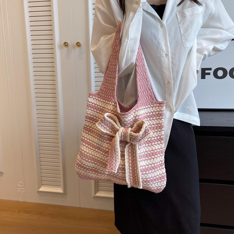 Nova Bolsa de Crochê Listrada com Laço Grande Capacidade Casual Bolsa de Ombro Tecida Multicolorida Bolsa de Tricô Feita à Mão