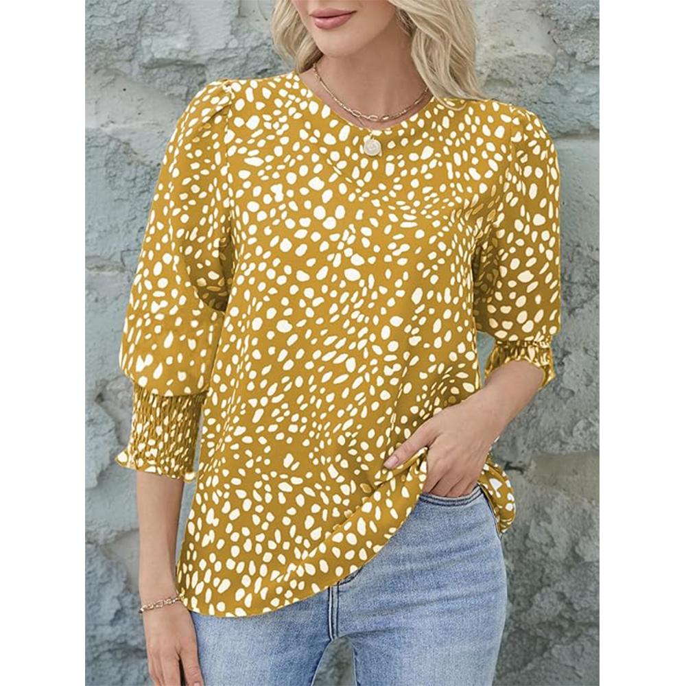 3/4 Sleeve Length Womens Tops Crewneck Loose Fit Polka Dot Blouses Dressy Casual Chiffon Shirts