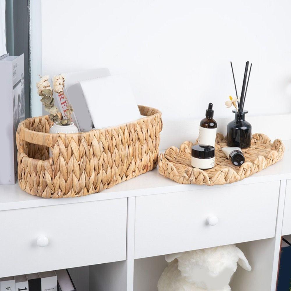 Large Capacity Straw Woven Storage Basket Decorative with Lid Water Hyacinth Basket Dustproof Sundry Storage Basket Bathroom
