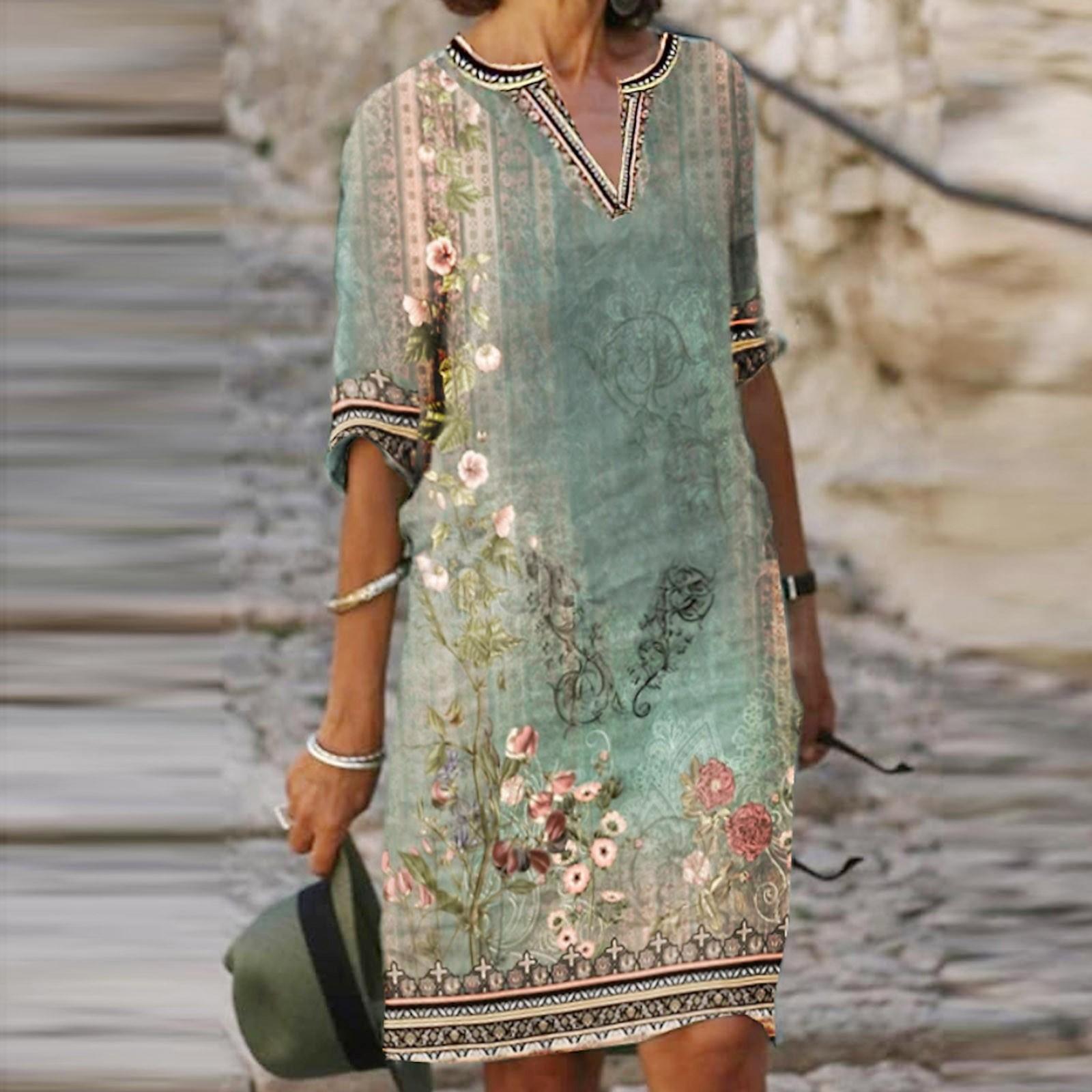 

Платья для женщин с винтажным принтом, туника, приталенная миди-платье, летнее повседневное платье с коротким рукавом L