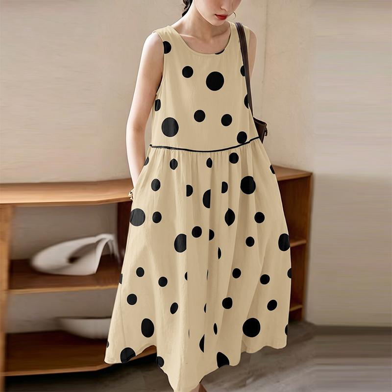 ZANZEA Women Casual Round Neck Sleeveless Loose Polka Dot Print Dress M