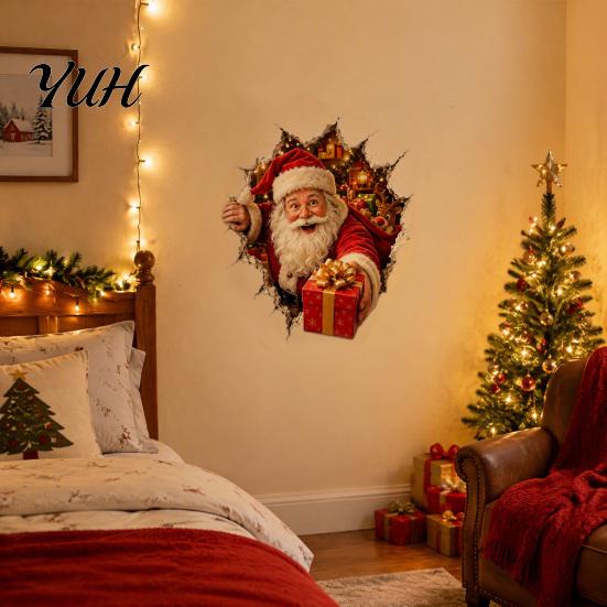 Holiday Wall Stickers Christmas Break-In 3D Decal, Santa Claus/Deer/Snowman/Elf/Dog/Nutcracker/Gingerbread Man Patterns Window Festive Home Decoration