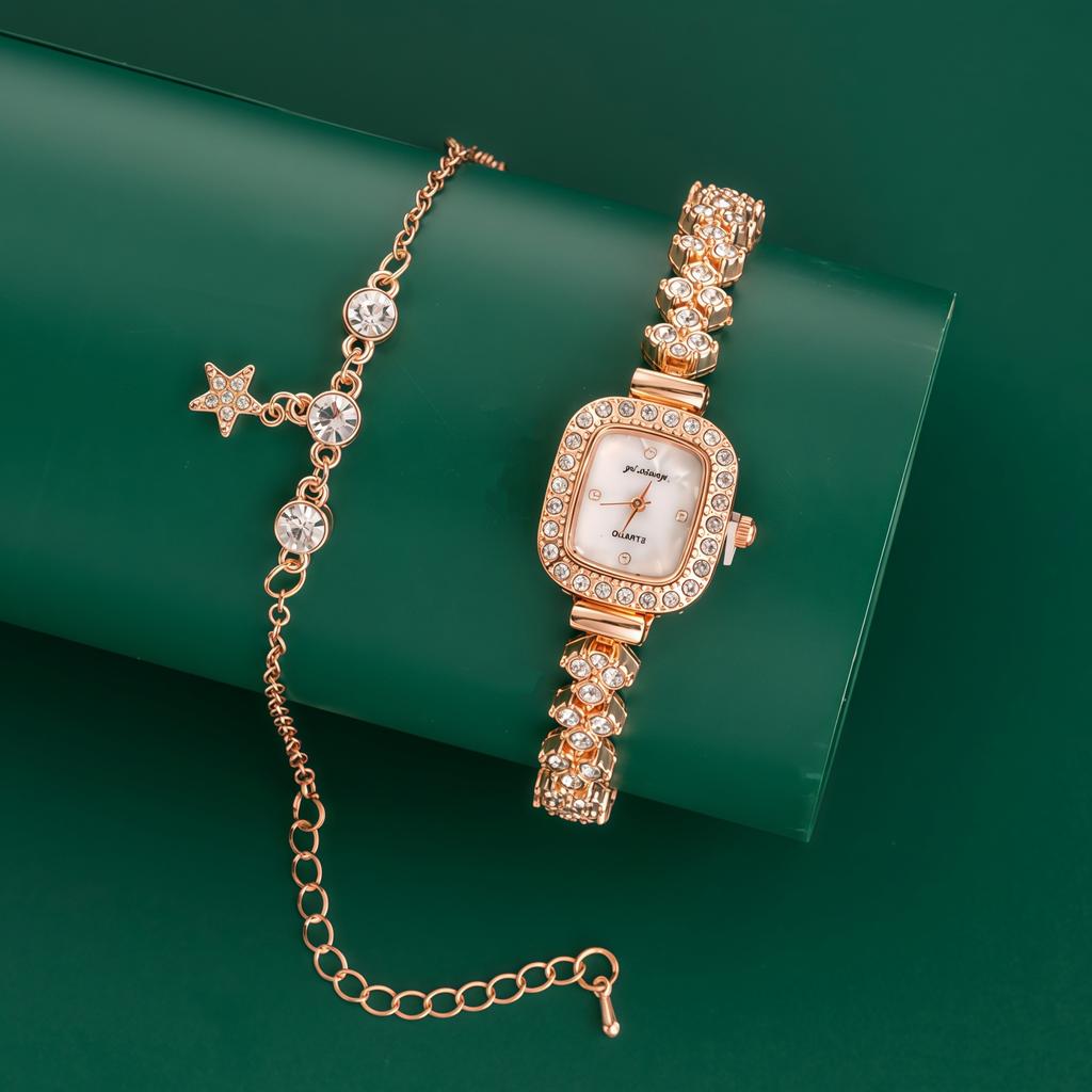 Diamond Watch Women'S Set, Popular Light Luxury Ins Small Dial Bracelet Set Women'S Watch