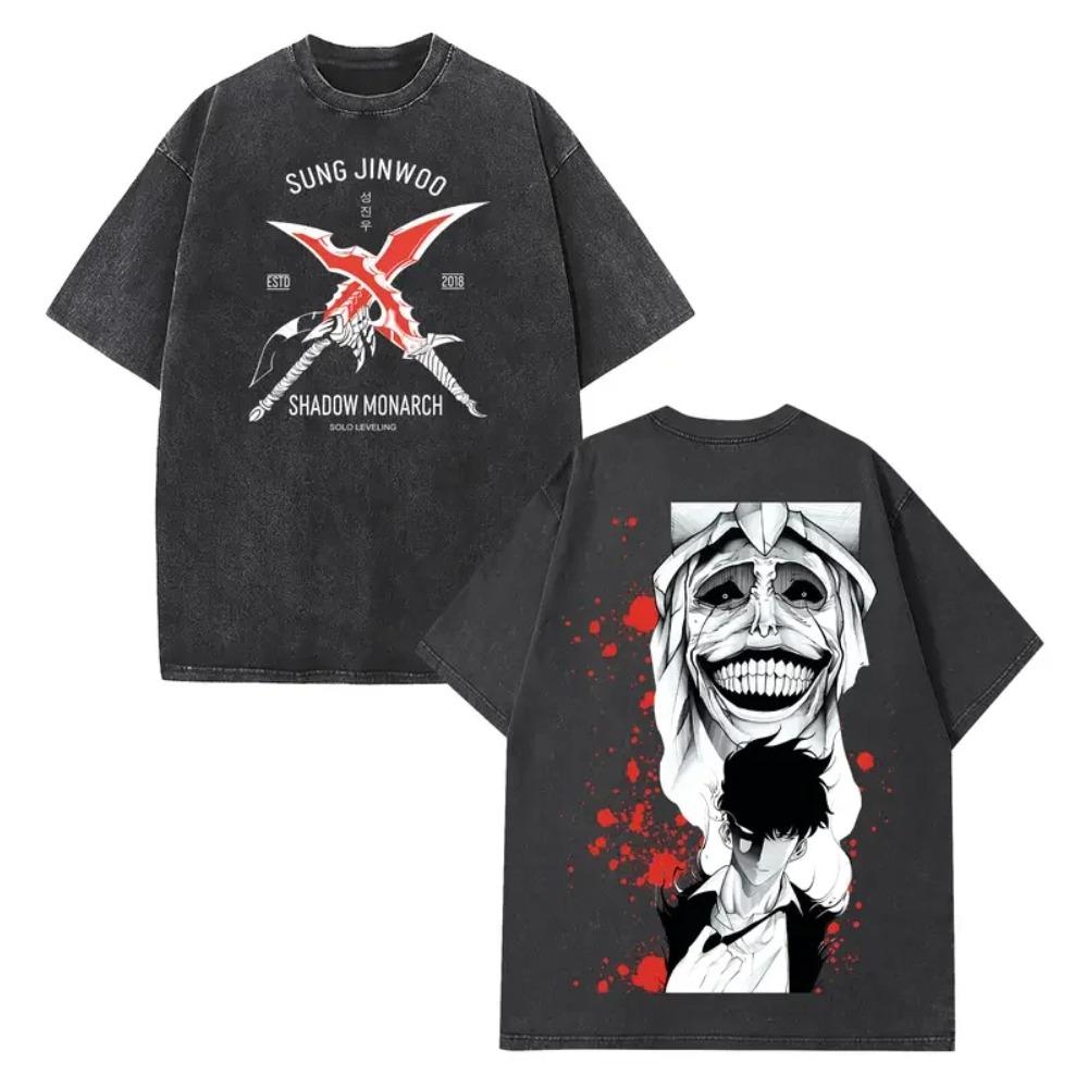 

Anime Solo Leveling Sung JinWoo Graphic T Shirt Men Short Sleeve Clothing Oversized Tshirt Washed Cotton Tee Harajuku T-shirt XXL чорний