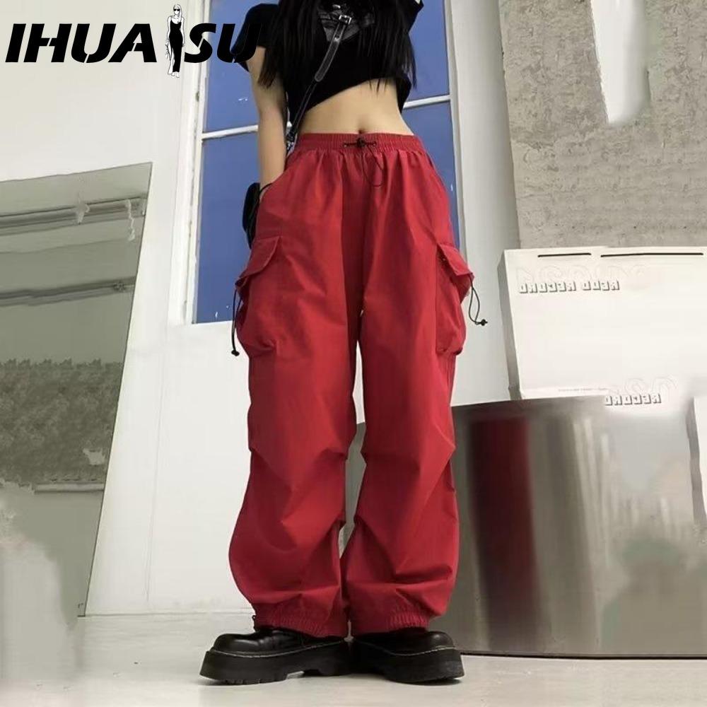 IHUASU Women Hip Hop Cargo Pants Baggy Solid Color Elastic Waist Trousers Loose Breathable Female Pants