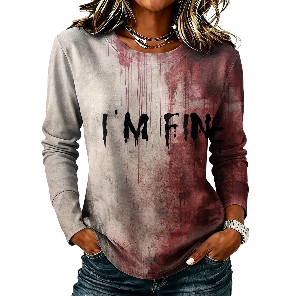 Women's Halloween Print Long Sleeve Top Casual Round Neck T-Shirt for Fall Party Wear