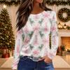 Women's Christmas Print Long Sleeve Top with Round Neck and Side Slit Hem Festive Holiday Blouse