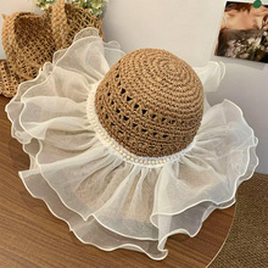 Women's Summer Lace Trim Straw Hat with Bow and Sun Protection