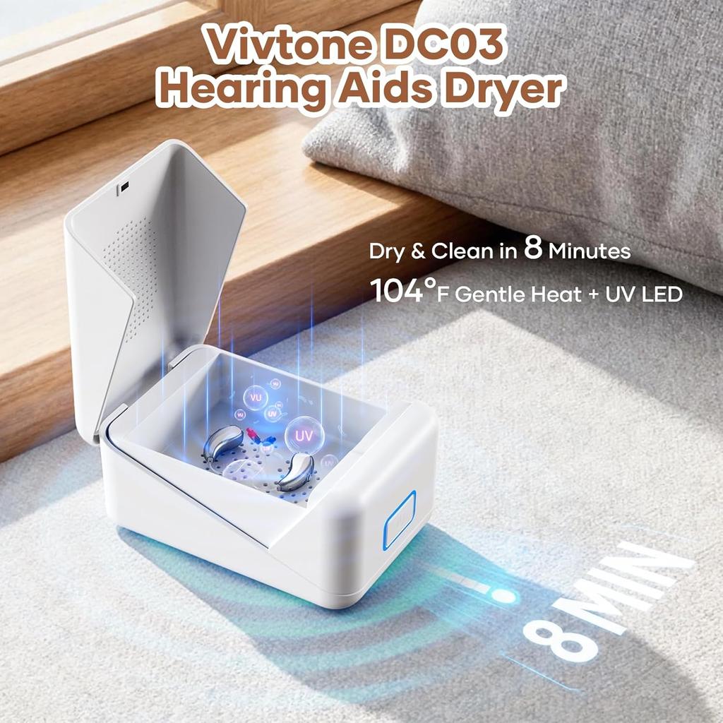 Hearing Aid Dryer – 40 ℃   Constant Heat Dehumidifier with UV LED, 8 Hour Auto Dry Modes – Portable Dry Box for Hearing Aids
