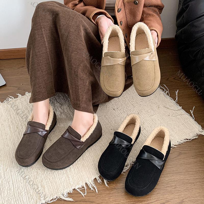 Fashion Padded Warm Cotton Shoes Women's Autumn Winter New Retro Round Toe Flats Slip on Soft Bottom Suede Comfortable Females Shoes