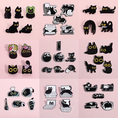 4-8pcs/set Cute Black Cat Series Enamel Pins Cartoon Big Eyes Kitten Animal Brooch Lapel Backpack Badge Jewelry Gift For Friends