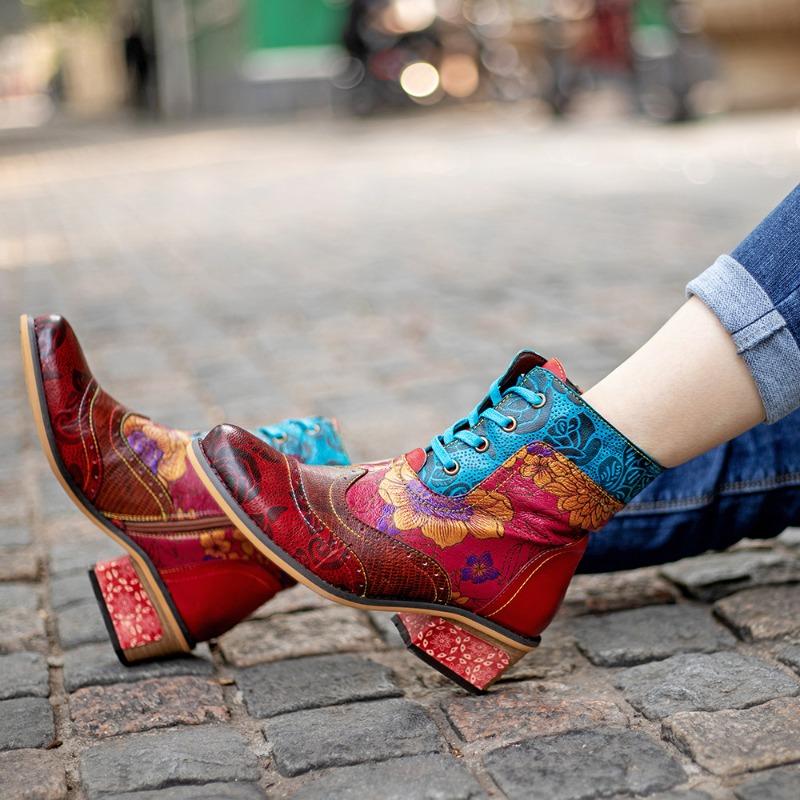 Export Large Size Casual Retro Women's Boots Lace-up Printed Dark Pattern Cowboy Boots