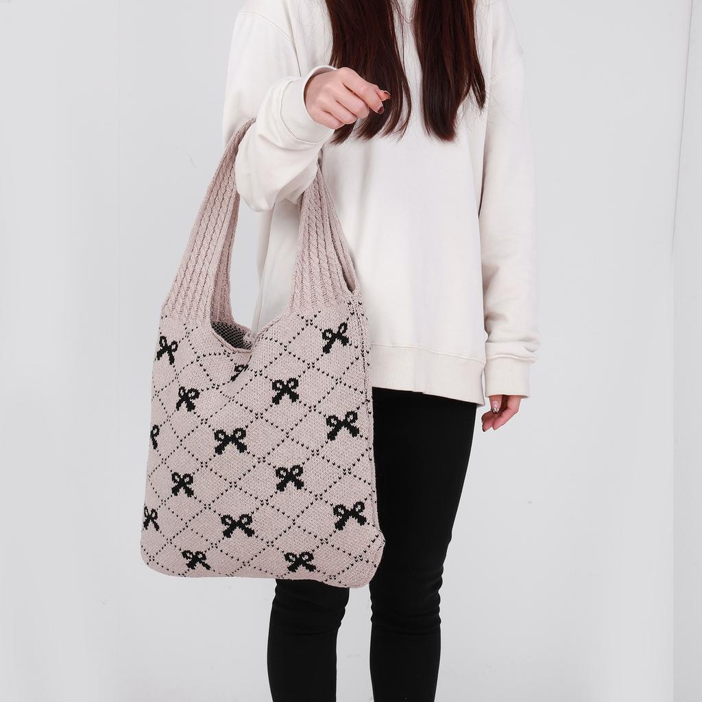 Women Crochet Tote Handbag Large Capacity Crochet Grocery Bag Contrast Color Travel Shopping Handbag Female Holiday Bag