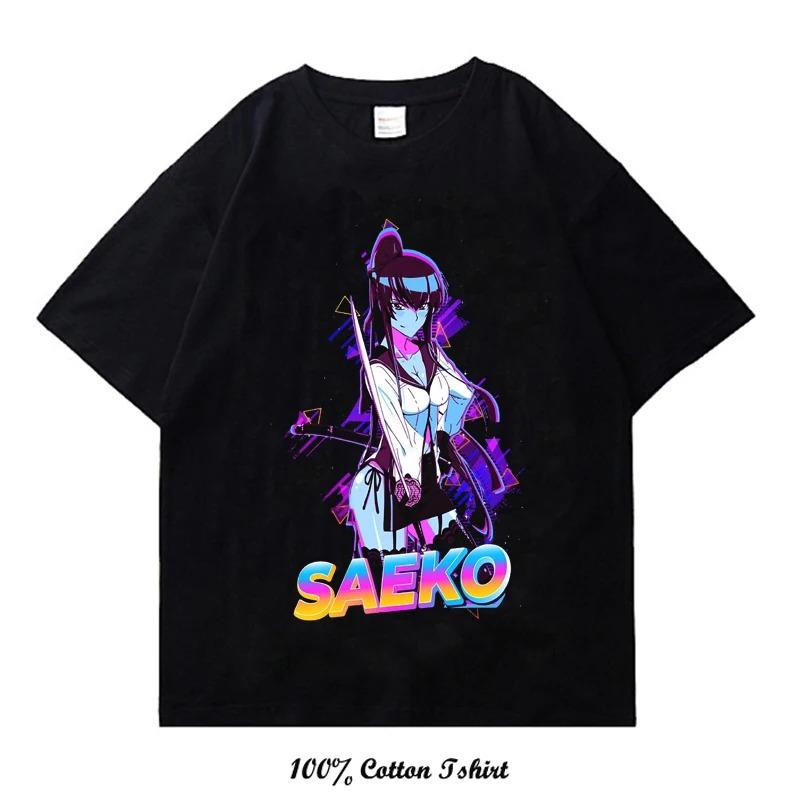 Highschool of the Dead Saya Takagi Geometric Vintage T-Shirt, Unisex Anime Fan Streetwear Tee, 100% Cotton Casual Short Sleeve Top