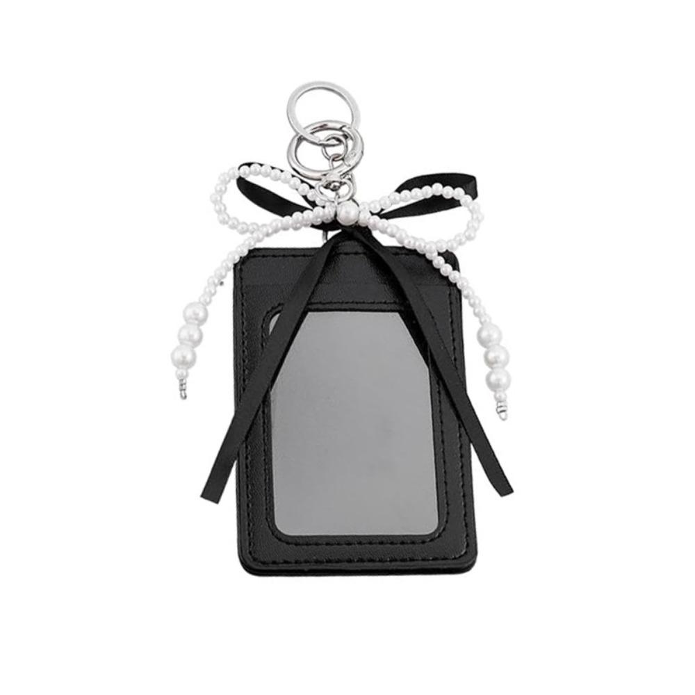 Pearl Bow Photocard Holder Key Ring Hardware PU Leather ID Card Holder Clear Window Dangling Charm Card Sleeve Handbag Hanging